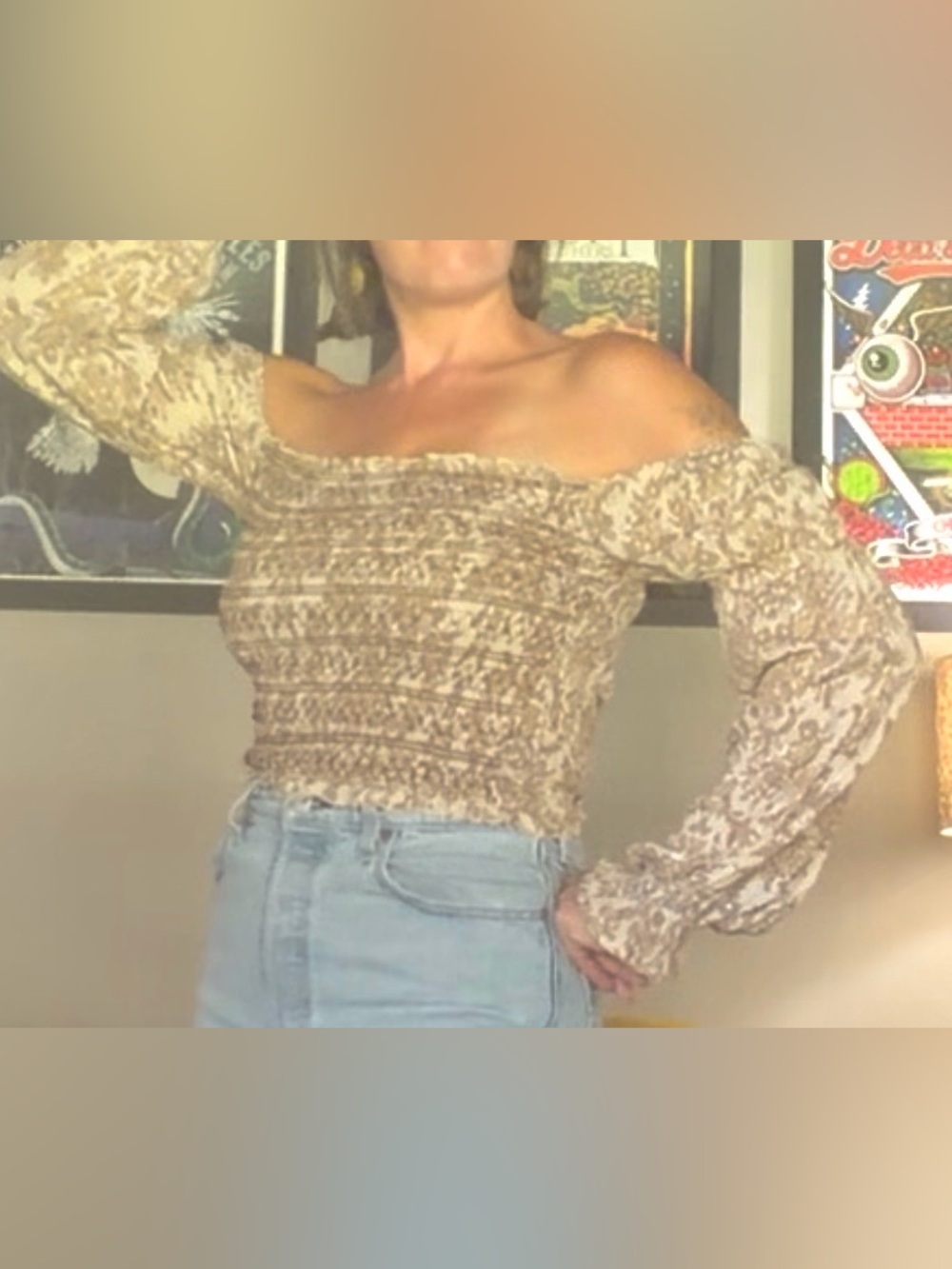 Promesa Beige Floral Smocked Off-Shoulder Blouse